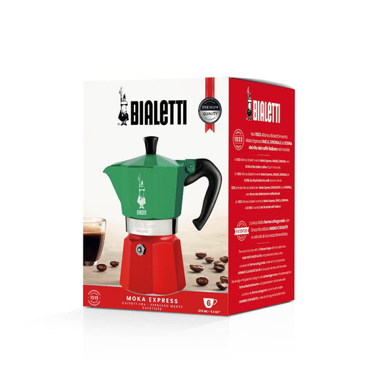 Bialetti Caffettiera Moka Express Tricolore, 6 Tazze, Manico anti scottatura, Non adatta a induzione, 6 Tazze (250 ml), Alluminio