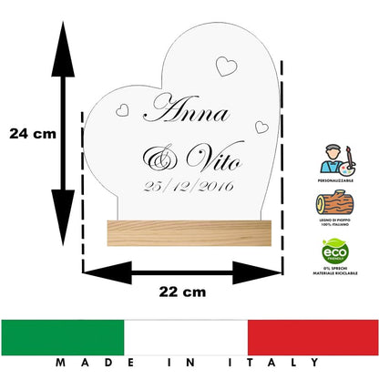 Lampada LED Personalizzata Forma Cuore con Nome in Plexiglass Trasparente, 25 cm, Base in Legno, Cavo Alimentazione USB, Incisione Testo