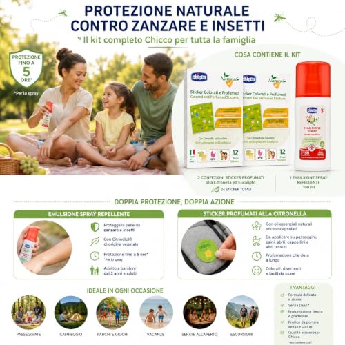 Chicco Kit Antizanzare Sticker Citronella 24pz + Spray No Zzz 100ml | Protezione fino a 5 Ore, Senza DEET, Bambini dai 3 Anni, Citriodiol® Vegetale, Per Tutta la Famiglia