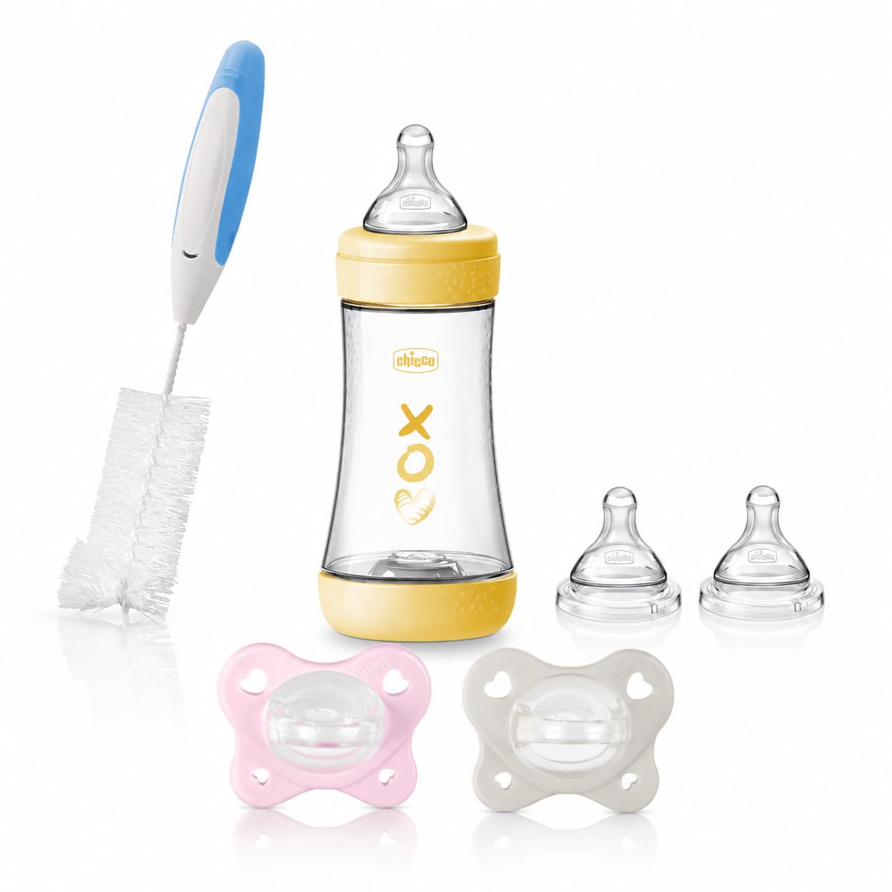 Starter kit Chicco, Biberon Perfect5, Tettarelle di Ricambio, 2 Ciucci Gommotti e Scovolino per la Pulizia Interna