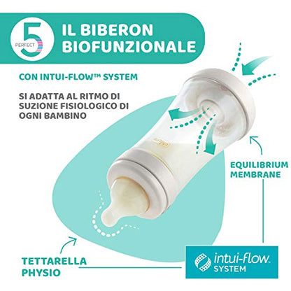 Chicco PERFECT 5 Biberon Anticolica 150 ml, Biberon Flusso Lento 0 Mesi + con Tettarella in Morbido Silicone, Biberon Biofunzionale con Intui-flow System da 150 ml, Rosa