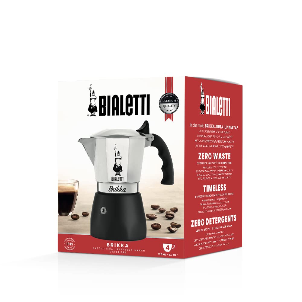 Bialetti Caffettiera Brikka, 4 Tazze (170 ml), Espresso Cremoso come al Bar, Non Adatta a Piano Induzione, Misurino incluso, Manico antiscottatura, Design Elegante, Alluminio