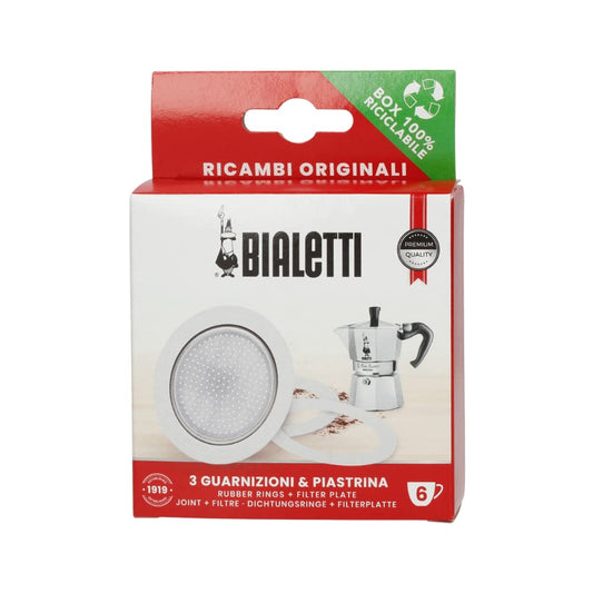 Bialetti Ricambi, Include 3 Guarnizioni e 1 Piastrina, Compatibili con Moka Express, Fiammetta, Break, Happy, Dama, Moka Timer e Rainbow (6 Tazze)