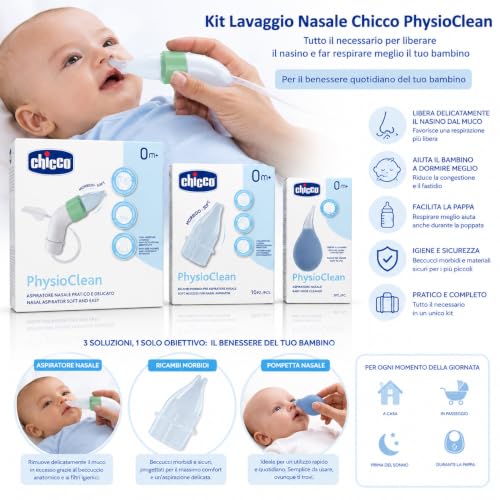 Chicco PhysioClean Kit Lavaggio Nasale Neonato 0+ Mesi | Aspiratore Nasale, Pompetta Nasale, Ricambi Morbidi Inclusi, Senza BPA, Dispositivo Medico CE