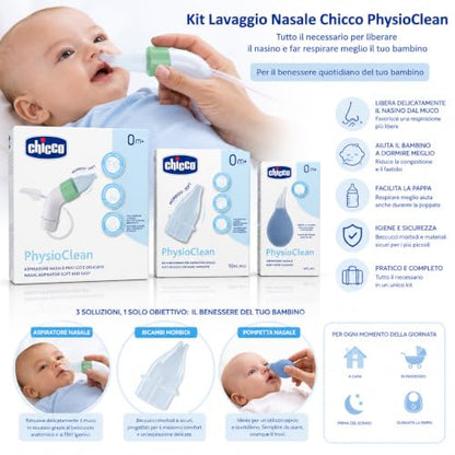 Chicco PhysioClean Kit Lavaggio Nasale Neonato 0+ Mesi | Aspiratore Nasale, Pompetta Nasale, Ricambi Morbidi Inclusi, Senza BPA, Dispositivo Medico CE