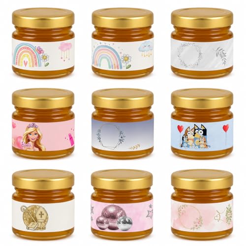 10 Mini Vasetto di Miele Personalizzato Segnaposto con Spargimiele non apllicato, Bomboniera Elegante in Vetro 28 g, Segnaposto Personalizzato, Miele per Eventi, Etichetta Personalizzata, Bomboniera