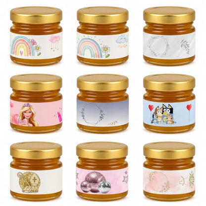 10 Mini Vasetto di Miele Personalizzato Segnaposto con Spargimiele non apllicato, Bomboniera Elegante in Vetro 28 g, Segnaposto Personalizzato, Miele per Eventi, Etichetta Personalizzata, Bomboniera