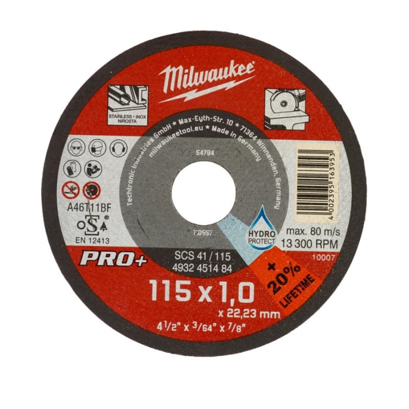 Milwaukee Discos Pro+ Corte Fino 1Mm Scs41/115Mm - Acciaio Inossidabile, Acciaio - Smerigliatrice Angolare - Silver