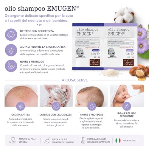Fiocchi di Riso Olio Shampoo EMUGEN, 45ml, per Neonati, Crosta Lattea, Delicato sul Cuoio Capelluto, Senza Sostanze Chimiche