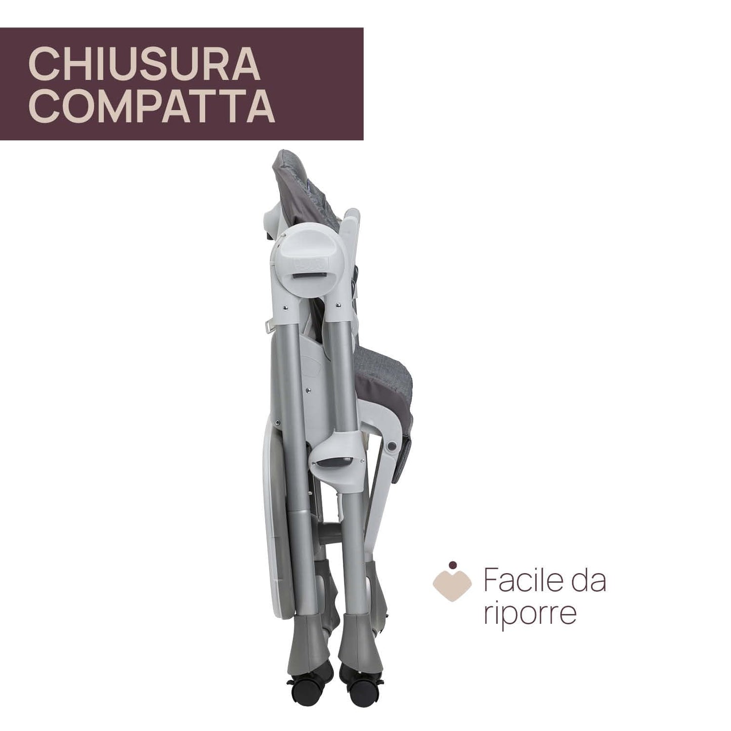 Polly Easy Evolutionary High Chair for Children from 6 Months to 3 Years (15 kg), Reclining High Chair with Adjustable Height and Footrest, 4 Wheels, Compact Folding - Gray Melange