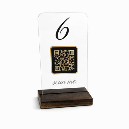 Segnatavolo con QR Code per Ristorante e Pizzeria – Plexiglass Trasparente con Numero Tavolo Nero, Base in Legno di Faggio – Espositore Elegante da Tavolo con Codice QR o Logo Personalizzato