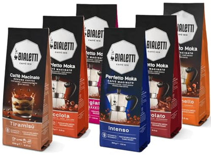 BIALETTI Caffè Macinato Perfetto Moka, 6 Sacchetti da 250 Grammi, Caramello, Tiramisù, Nocciola, Cioccolato, Intenso, Pregiato