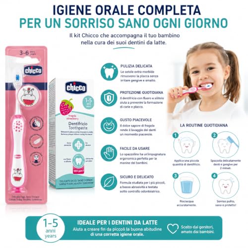Chicco Kit Igiene Orale Spazzolino e Dentifricio Fragola 1-5 Anni