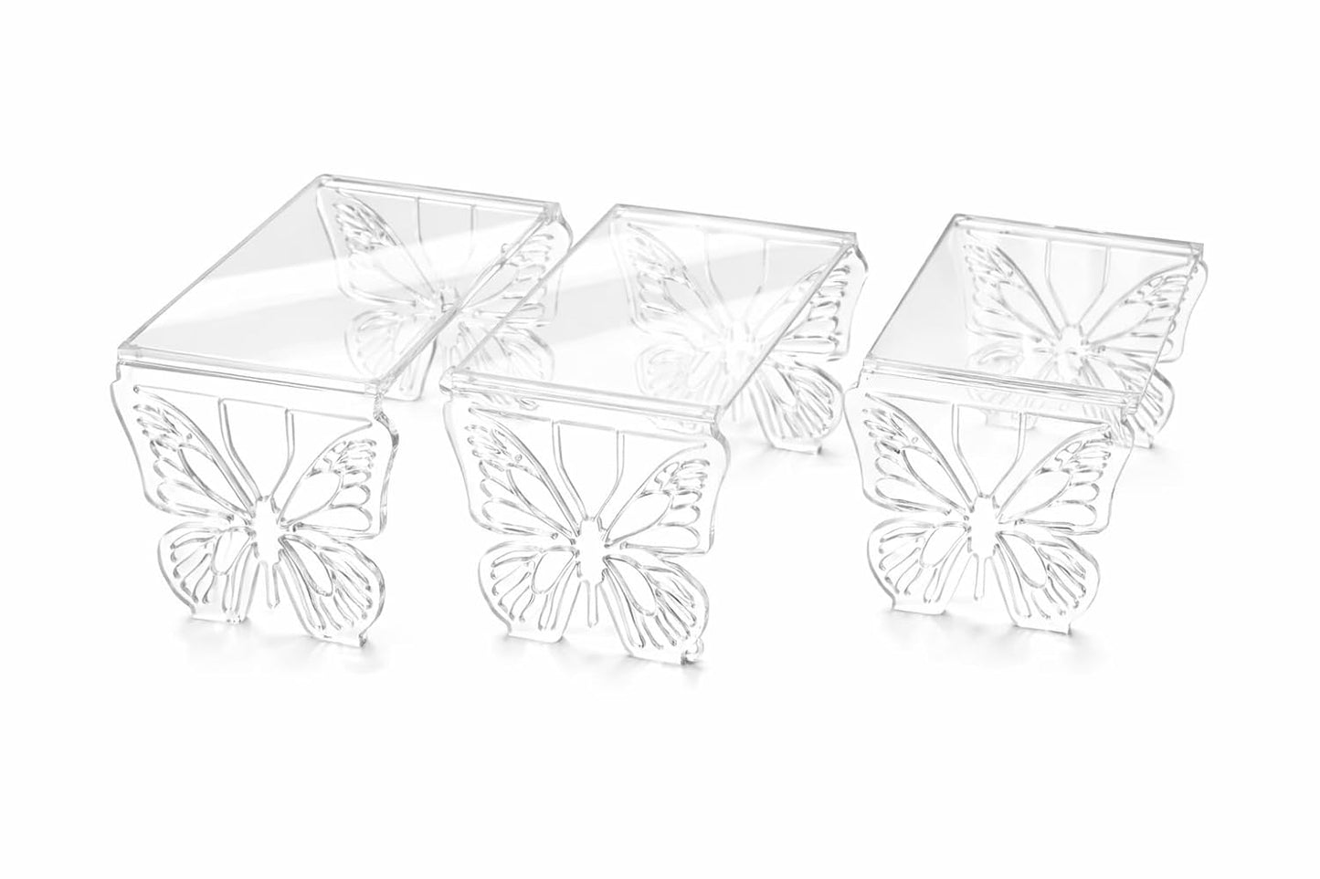 Set di 3 Alzatine Decorative con Farfalle, Base in Plexiglass Dorato o Trasparente, per Catering ed Esposizione | Alzate Originali per Eventi, Wedding, Comunione (Oro Specchiato)