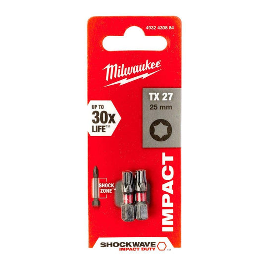 Milwaukee 4002395385461 - Punte per avvitatore Shockwave Gen II, TX27, 25 mm, 2 pezzi