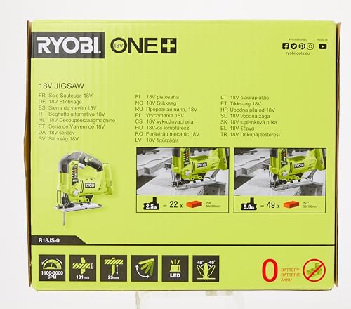 Ryobi R18JS-0 Seghetto Alternativo a Batteria 18V ONE+, Cambio Lama Senza Attrezzi, Movimento Regolabile in 4 Posizioni, Batteria Non Inclusa