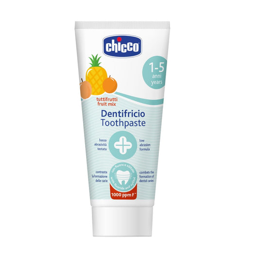 Chicco Dentifricio Bambini Tuttifrutti, Bassa Abrasività, con Betaina e Vitamina E, Contrasta la Formazione delle Carie e Rimuove la Placca, 12+ Mesi - 50 ml