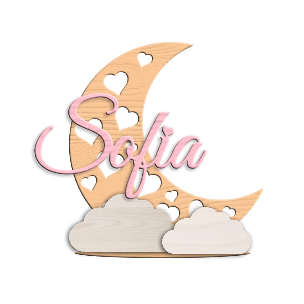Topper Tema Luna in Legno 20cm Alezza, con Nome Personalizzabile. Scritta per Tavolo Torta, Allestimento ecc.