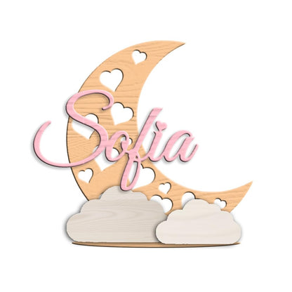 Topper Tema Luna in Legno 20cm Alezza, con Nome Personalizzabile. Scritta per Tavolo Torta, Allestimento ecc.