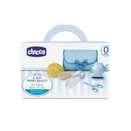 Chicco Set Igiene Per La Cura Dei Bambini, Composto Da Un Pettine, Una Spazzola Morbida, Termometro, Guanto Da Bagno In Spugna E Un Paio Di Forbici, Azzurro