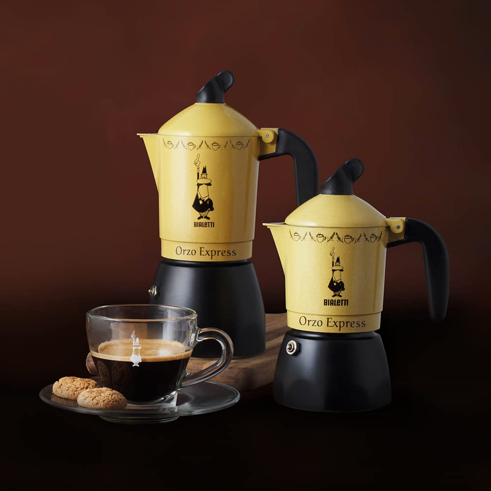Bialetti Caffettiera Orzo Express, 2 Tazze, Pensata per preparare un Orzo Espresso, Non adatta a induzione, Giallo