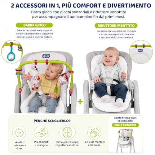 Chicco Kit Riduttore e Barra Gioco per Polly Progres5, 0 Mesi | Maglia Traspirante, 3 Livelli Inclinazione, Attività Multiple, Da 0 Mesi, 2 Componenti Inclusi