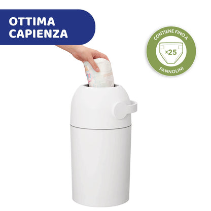 Chicco Mangiapannolini Controlla Odori, Smaltimento Pannolini, Cestino Contenitore Compatto e Salvaspazio, Non servono ricariche, si usano i normali Sacchetti, Bianco