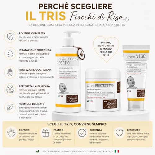 Fiocchi di Riso Crema Fluida Corpo, Latte Idratante 24h, con Olio di Riso e Mandorle, per Pelle Sensibile di Neonati e Bambini, 140 ml