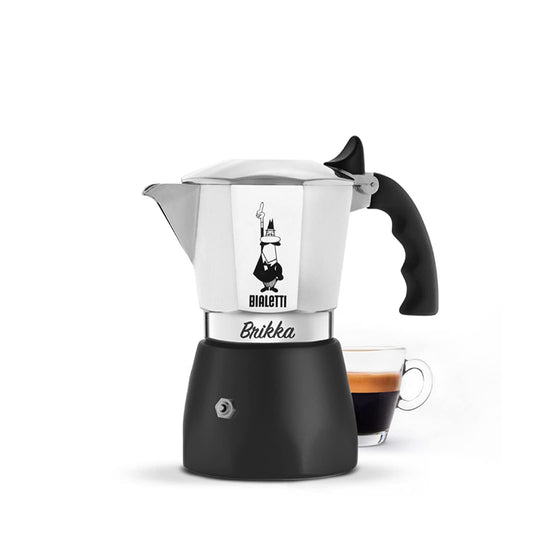 Bialetti Caffettiera Brikka, 4 Tazze (170 ml), Espresso Cremoso come al Bar, Non Adatta a Piano Induzione, Misurino incluso, Manico antiscottatura, Design Elegante, Alluminio