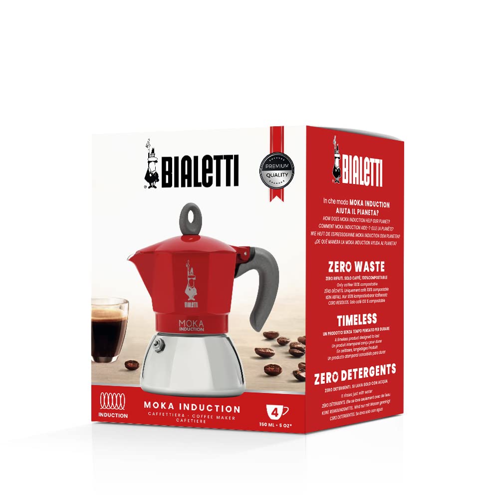 Bialetti Caffettiera Moka Induction, 4 Tazze (150 ml), Adatta a Tutti i piani cottura, Design Elegante, Rosso