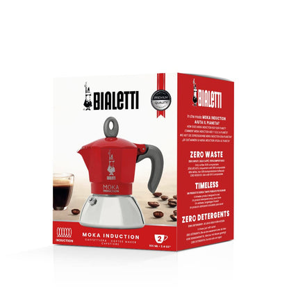 Bialetti Caffettiera Moka Induction, 2 Tazze (100 ml), Adatta a Tutti i piani cottura, Design Elegante, Rosso