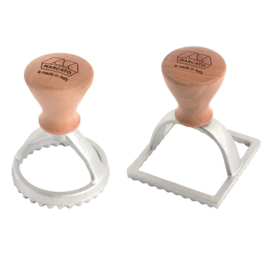 Marcato Kit Stampi per Ravioli e Biscotti, Forme per Ravioli, Formine per Biscotti, in Legno Massello e Alluminio Prossofuso, Stampino Rotondo da 58 mm + Stampino Quadrato da 58 mm. Modello: Raviolè