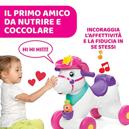 Chicco - Cavallo a Dondolo per Bambini Miss Baby Rodeo, Gioco Educativo e Interattivo, Cavallo Cavalcabile Bambina con Effetti Sonori, Max 25 kg, Giochi per Bambini 1-3 Anni, Made in Italy