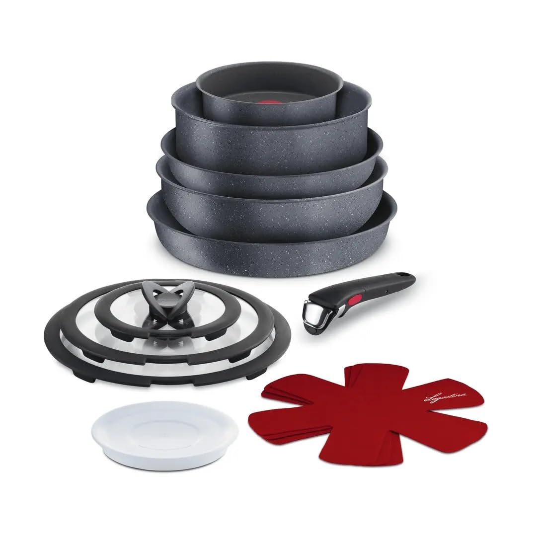 Lagostina Ingenio Mineralis Green Set Padelle Antiaderenti in Alluminio, Induzione,13 Pezzi 2 padelle 1 Casseruola 1 Tegame 1 Wok 3 coperchi Vetro 1 Coperchio Plastica 3 Proteggi Padella 1 Manico