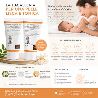 Fiocchi di Riso Crema Smagliature TASMADERMIC™ con Acido Ialuronico e Peptidi Vegetali, Trattamento Tonificante, 2 Pezzi