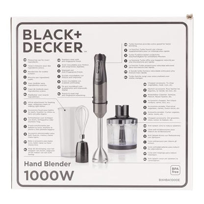 BLACK+DECKER BXHBA1000E - Frullatore a immersione, 1000W, 20 velocità + turbo, lame in acciaio inossidabile, asta rimovibile, tritaghiaccio, ergonomico, acciaio inossidabile, set completo di accessori