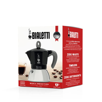 Bialetti Caffettiera Moka Induction, 6 Tazze (280 ml), Adatta a Tutti i piani cottura, Design Elegante, Nero