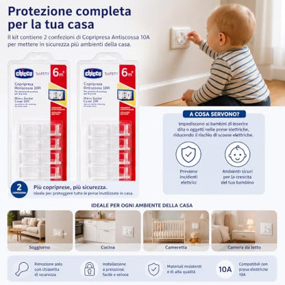 Chicco 2 Confezioni Safety Copripresa Antiscossa 10/16A con Chiavetta, 20 Copriprese Totali, Rimozione con Chiavetta, Prese da 10A, dai 6 Mesi in su, Installazione Facile