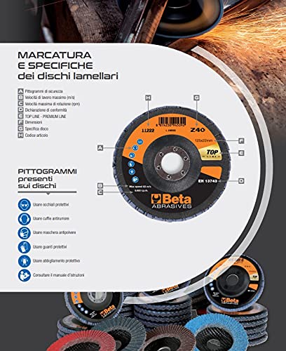 Beta 11204A - Dischi abrasivi lamellari per smerigliatrici con tela abrasiva allo zirconio, 10 unità, diametro 115 mm, spessore 40 mm e foro da 22, 23 mm