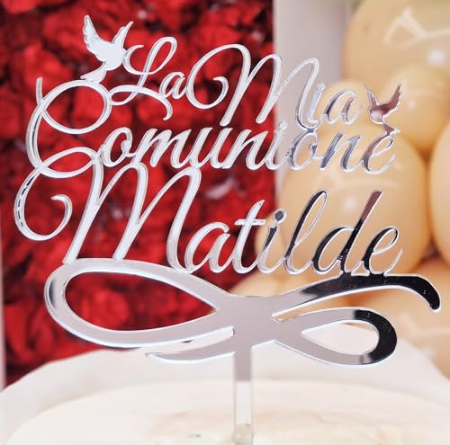 Cake Topper La mia Comunione con Nome Personalizzato | Targhetta Decorativa per Torte Personalizzabile in Plexiglass Specchiato, 15 cm di Altezza x 12 cm (Oro Specchiato)