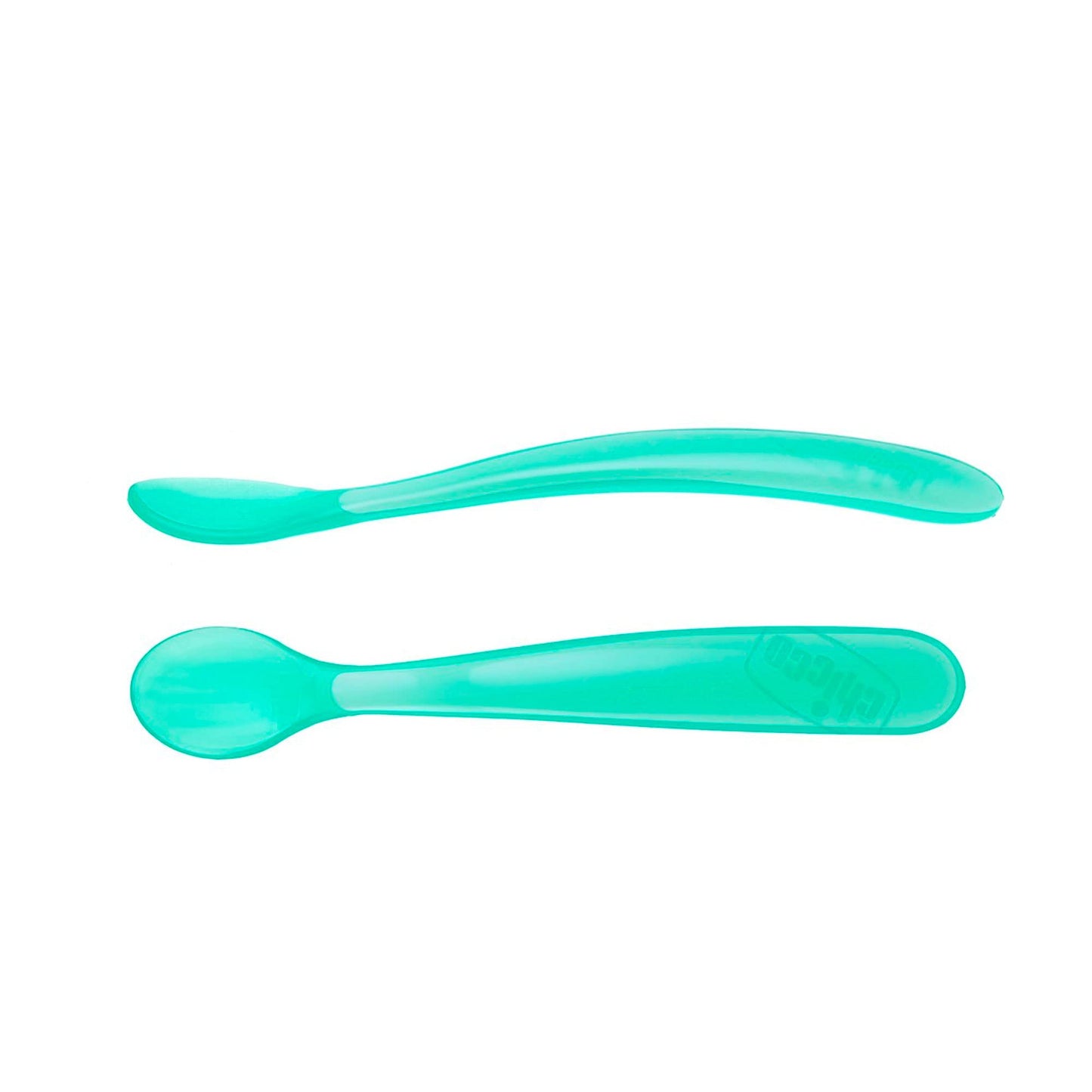 Chicco Cucchiaino Svezzamento in Silicone, Set 2 Cucchiai Morbidi per Neonati e Bambini, Delicati e Flessibili, con Impugnatura Ergonomica e Manico Lungo Curvato, 2 Pezzi - 6+ Mesi, Azzurro