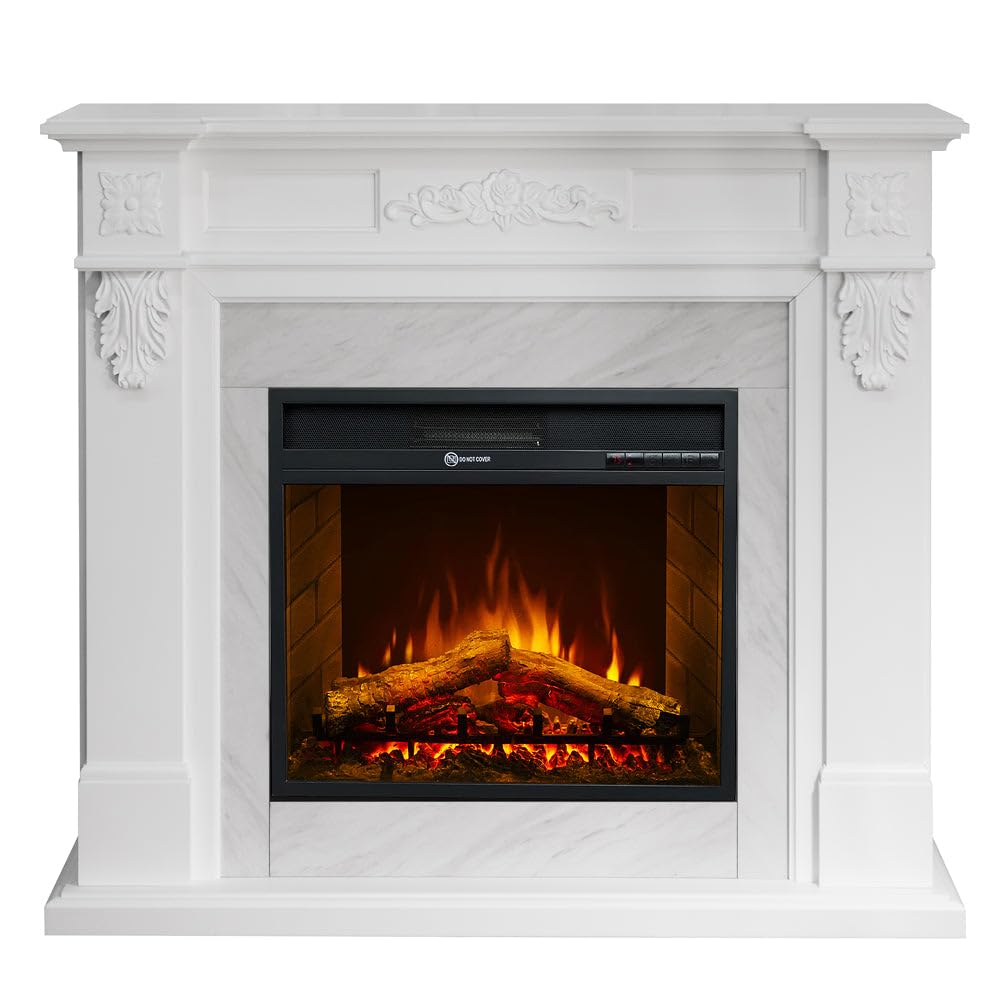 Camino elettrico caminetto da terra TRUMAN Bianco effetto marmo L121 x P38 x H108