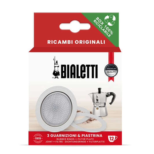Bialetti Ricambi, Include 3 Guarnizioni e 1 Piastrina, Compatibili con Moka Express 12 Tazze