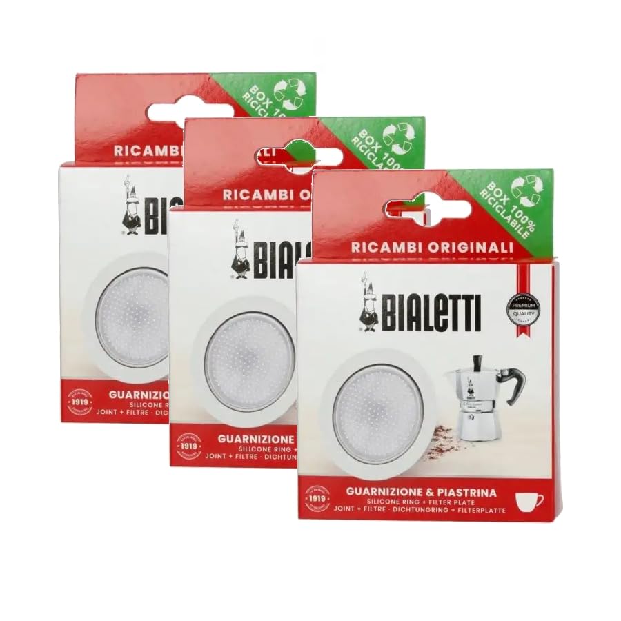 BIALETTI set di 3 Confezioni con 3 Guarnizioni e 3 Piastrine Filtro per Moka Induction, Orzo Express e Brikka | Scegli il formato