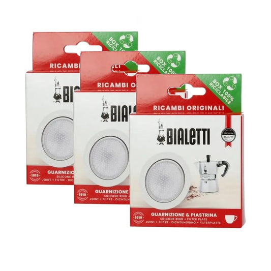 BIALETTI set di 3 Confezioni con 3 Guarnizioni e 3 Piastrine Filtro per Moka Induction, Orzo Express e Brikka | Scegli il formato
