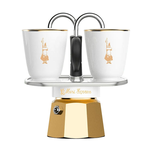Bialetti Set Mini Express Pure Gold, Moka Caffettiera con 2 Tazzine e dettagli dorati