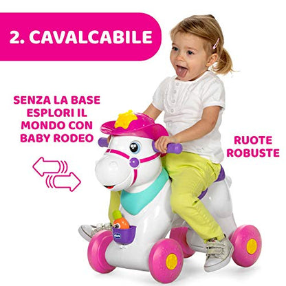 Chicco - Cavallo a Dondolo per Bambini Miss Baby Rodeo, Gioco Educativo e Interattivo, Cavallo Cavalcabile Bambina con Effetti Sonori, Max 25 kg, Giochi per Bambini 1-3 Anni, Made in Italy