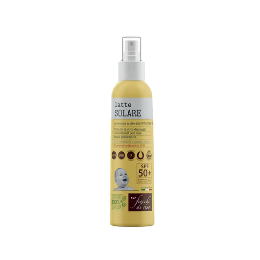 Fiocchi di Riso - Latte SOLARE 50+ - 140ml - PROTEZIONE SOLARE - SPF 50+ - Ideale per difendere la cute dai raggi ultravioletti con una tripla protezione, Con ceramidi e cassia alata. Pack riciclato