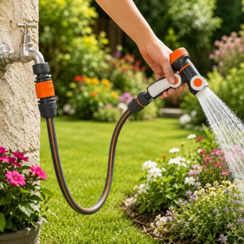 Kit Irrigazione con Lancia Regolabile e Raccordi 3/4, Sgancio Rapido, Adatto a Tubi 12-15mm, Adattatore 1/2" e 3/4", 4 Pezzi Inclusi, Spruzzo Regolabile