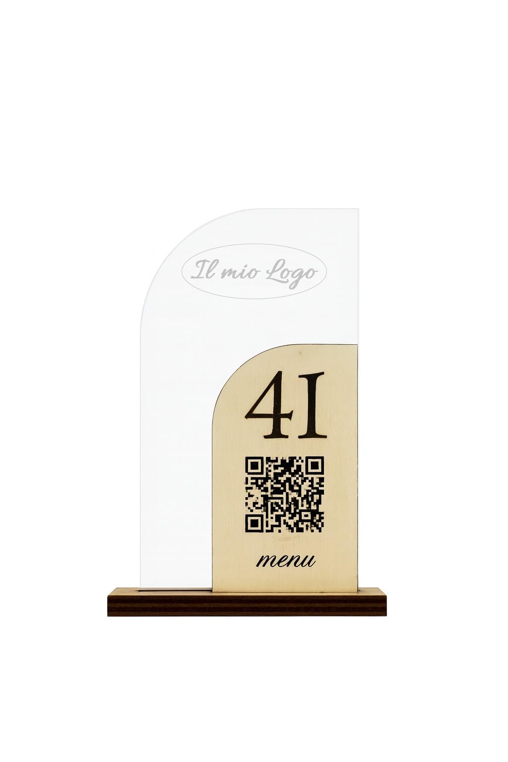 Segnatavolo in Plexiglass e Legno per Ristorante, Pizzeria, Bar, Trattoria | Segnaposto Numerato Personalizzato Intaglio Laser, con QR code per Menù on line e Logo Aziendale.